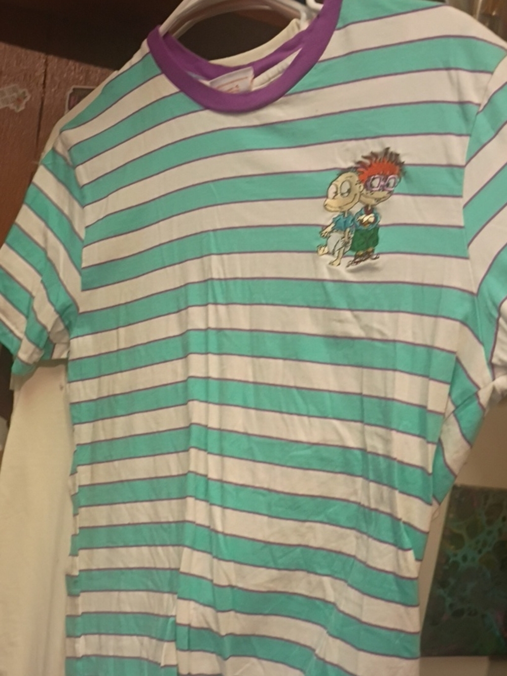Nickelodeon Teal and White Striped Short Sleeve Tee with Purple Neckline-c1